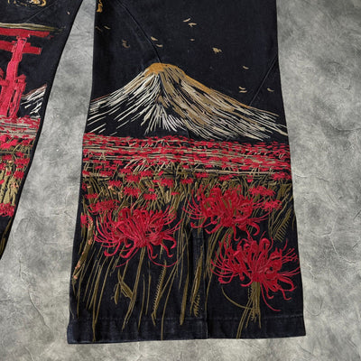 Vescartes Mount Fuji Embroidered Jeans Black
