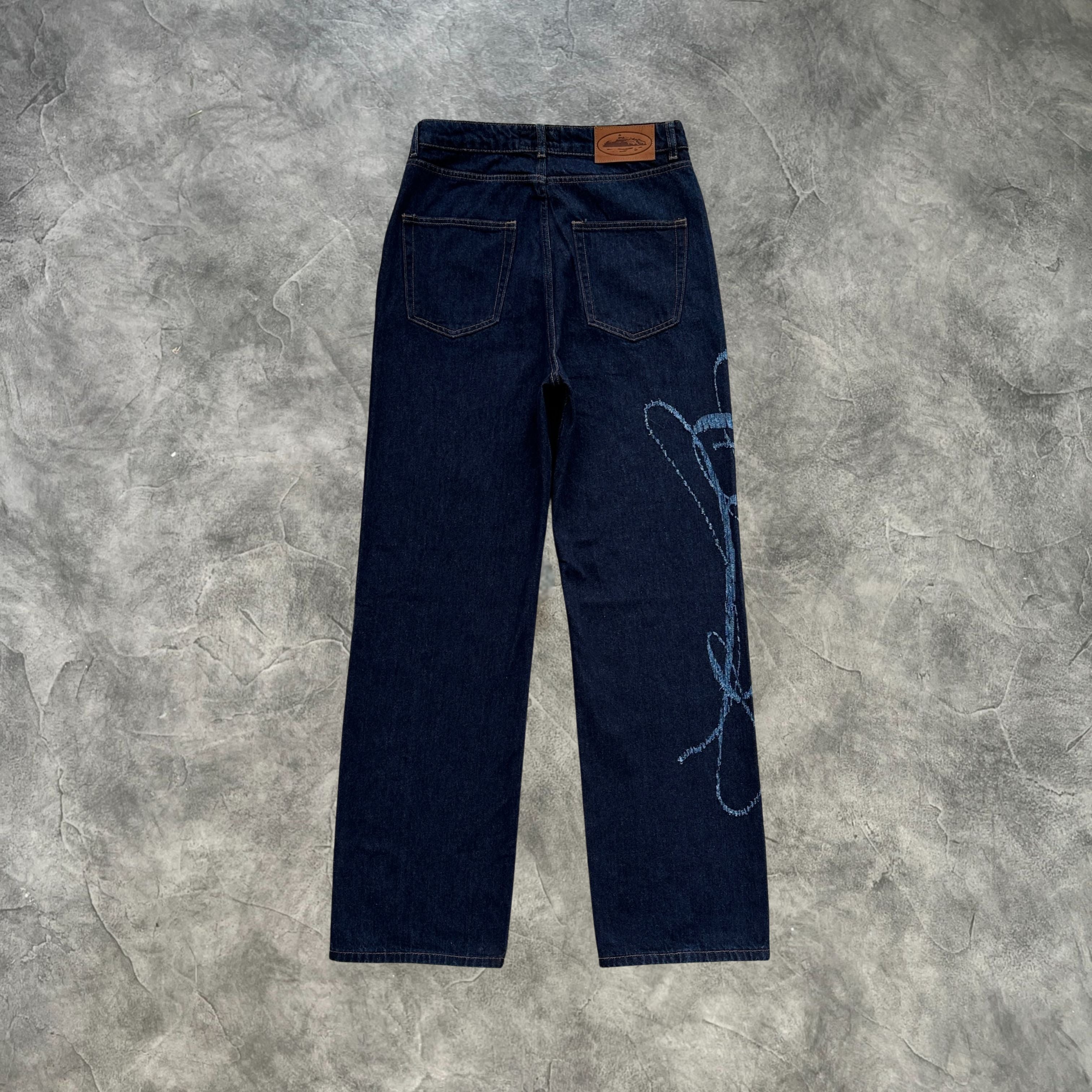 Corteiz Frayed Denim Pants Navy