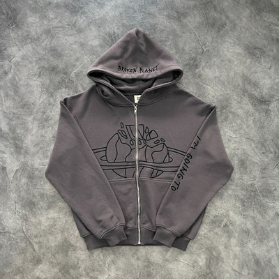 Broken Planet Black Print Zip-Up Hoodie